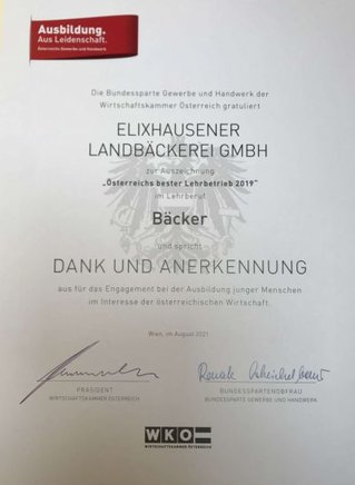 Urkunde des Ausbildungsbetriebs Elixhausener Landbäckerei GmbH